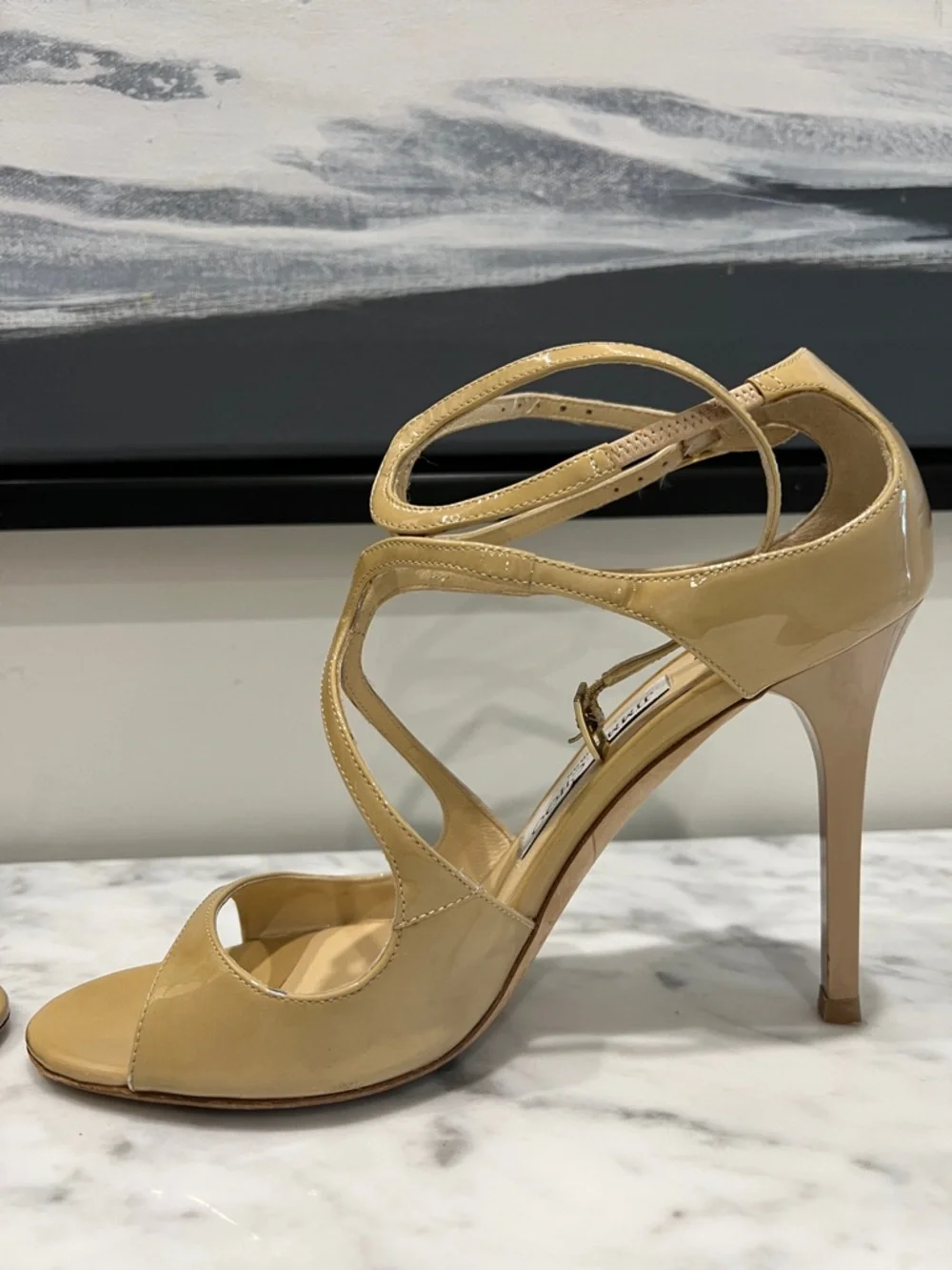 Jimmy Choo Beige Patent Leather Strappy High-Heel Sandals - Picture 8 of 10